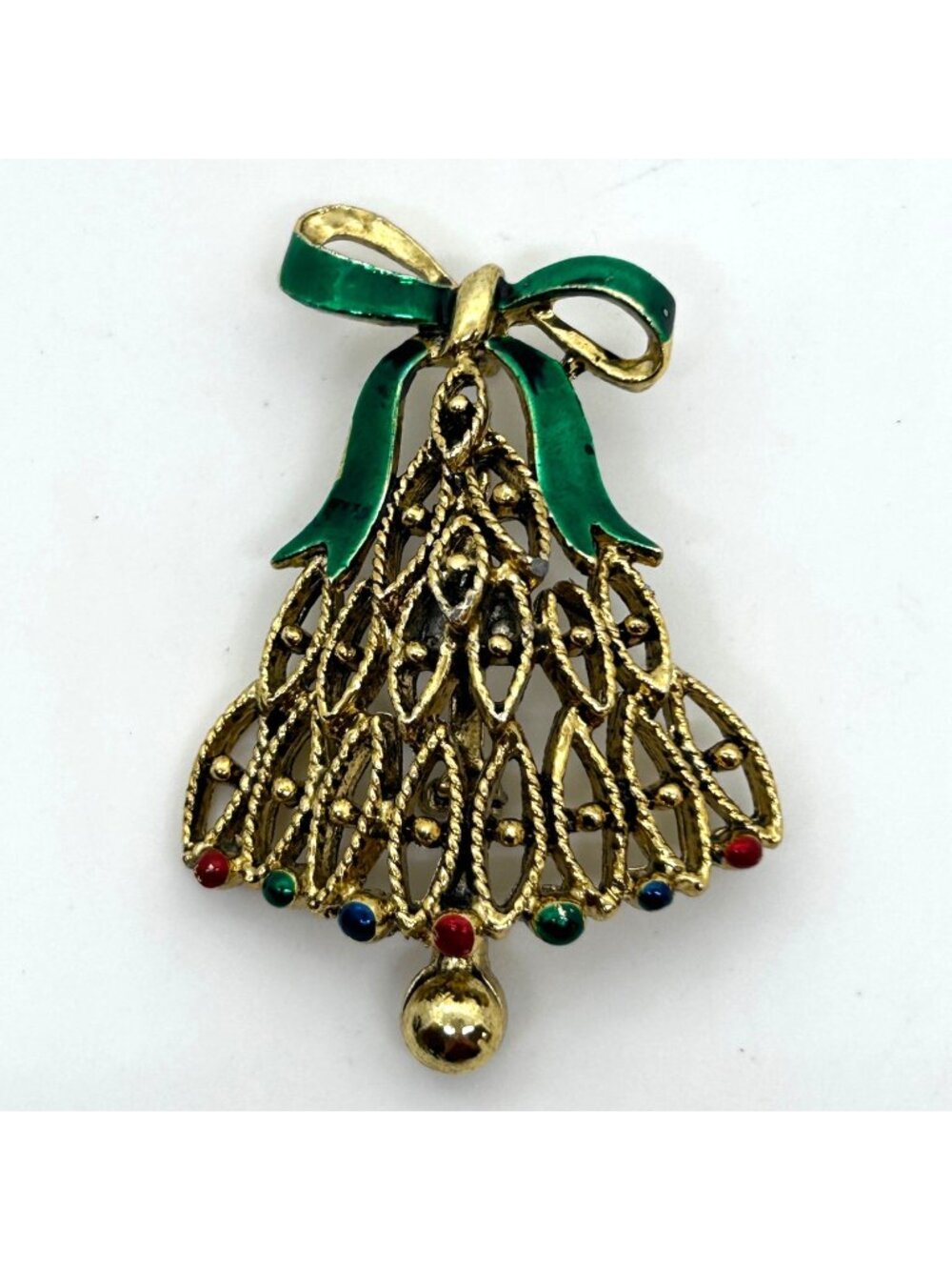 Vintage Christmas Tree Bell-Shape Brooch Gold Tone Green Enamel Bow Holiday Pin